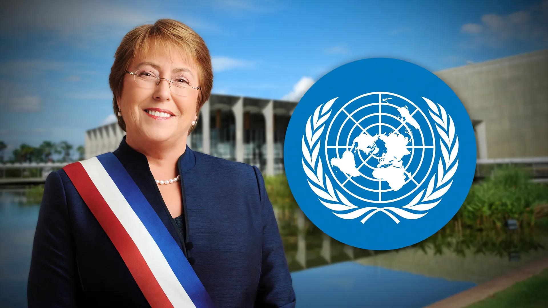 Michelle Bachelet e o emblema da ONU representam a disputa por uma mulher no comando da ONU, com o Itamaraty ao fundo