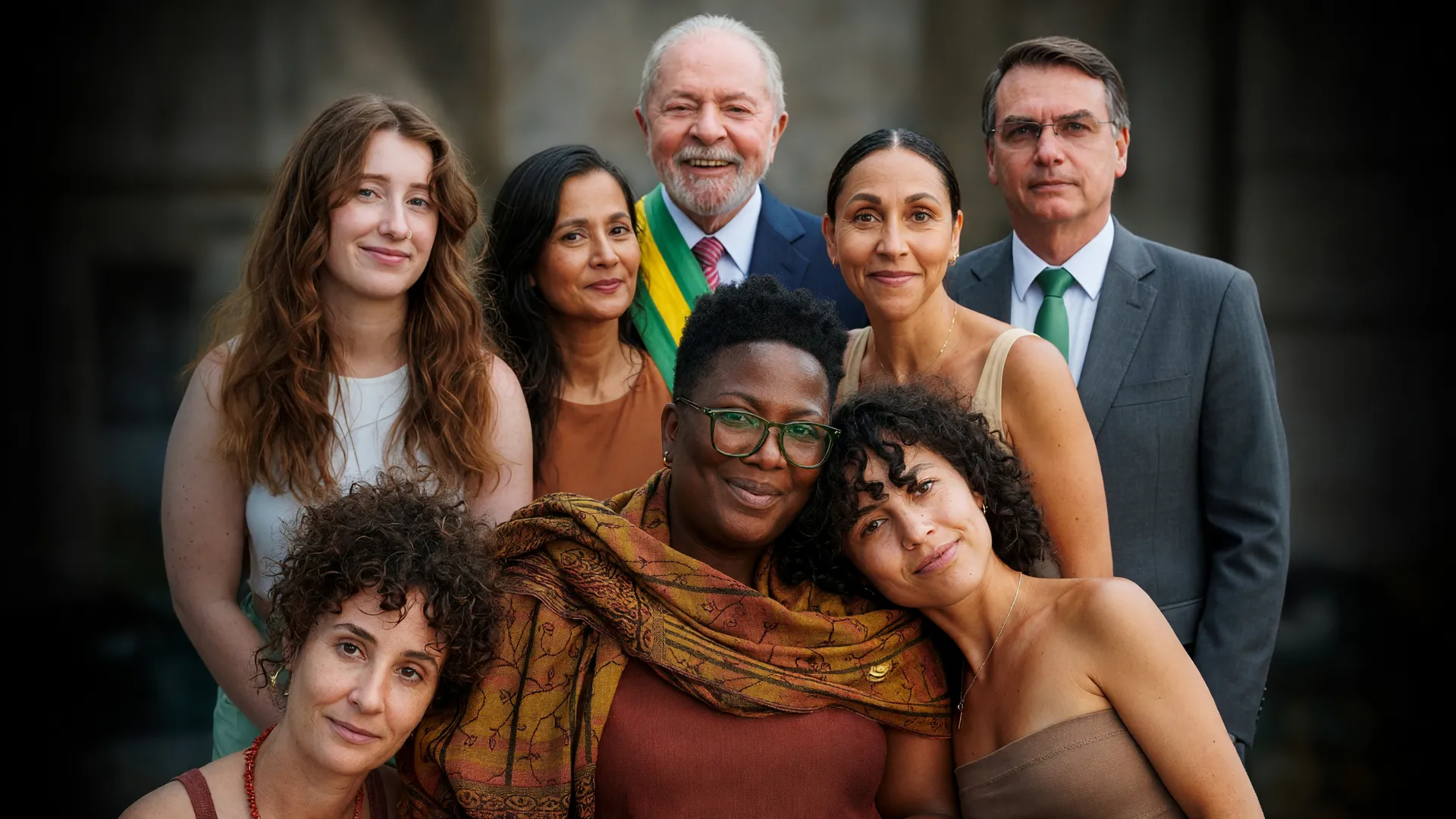Mulheres em destaque e candidatos ao fundo, simbolizando a ausência das mulheres nas campanhas presidenciais de 2026