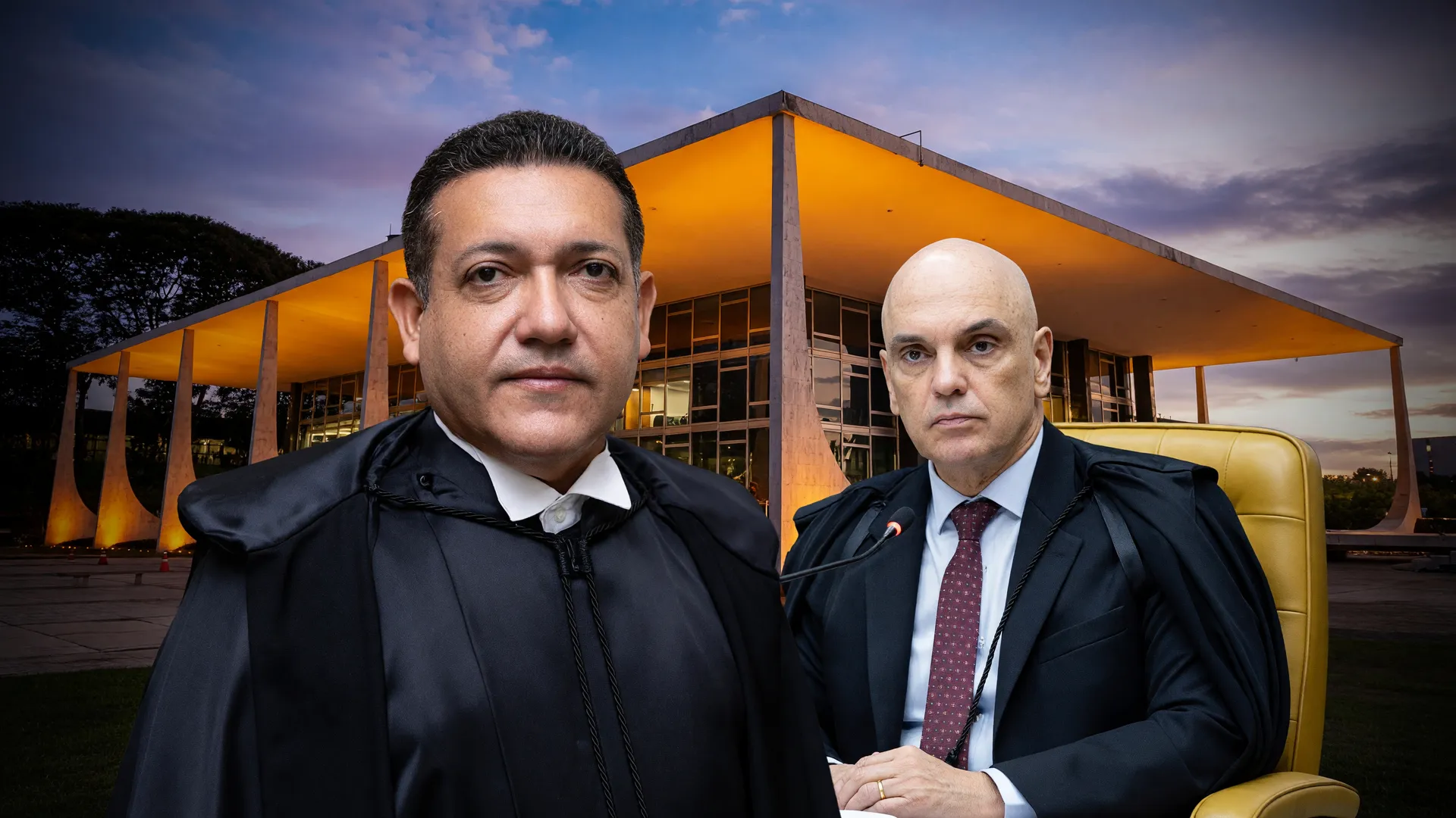 Nunes Marques se declara impedido em julgamento sobre Moraes no STF, com toga judicial e fachada do tribunal ao fundo