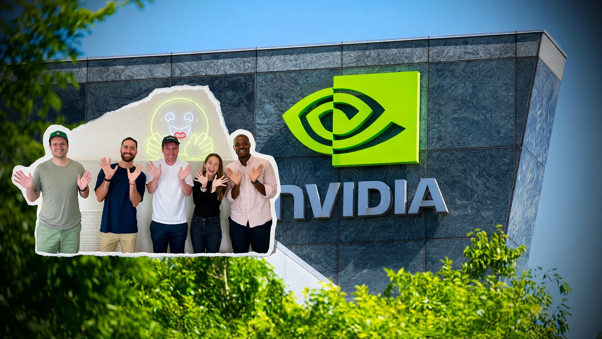 Nvidia compra Hugging Face: prédio da Nvidia e equipe da startup em colagem editorial sobre aquisição bilionária
