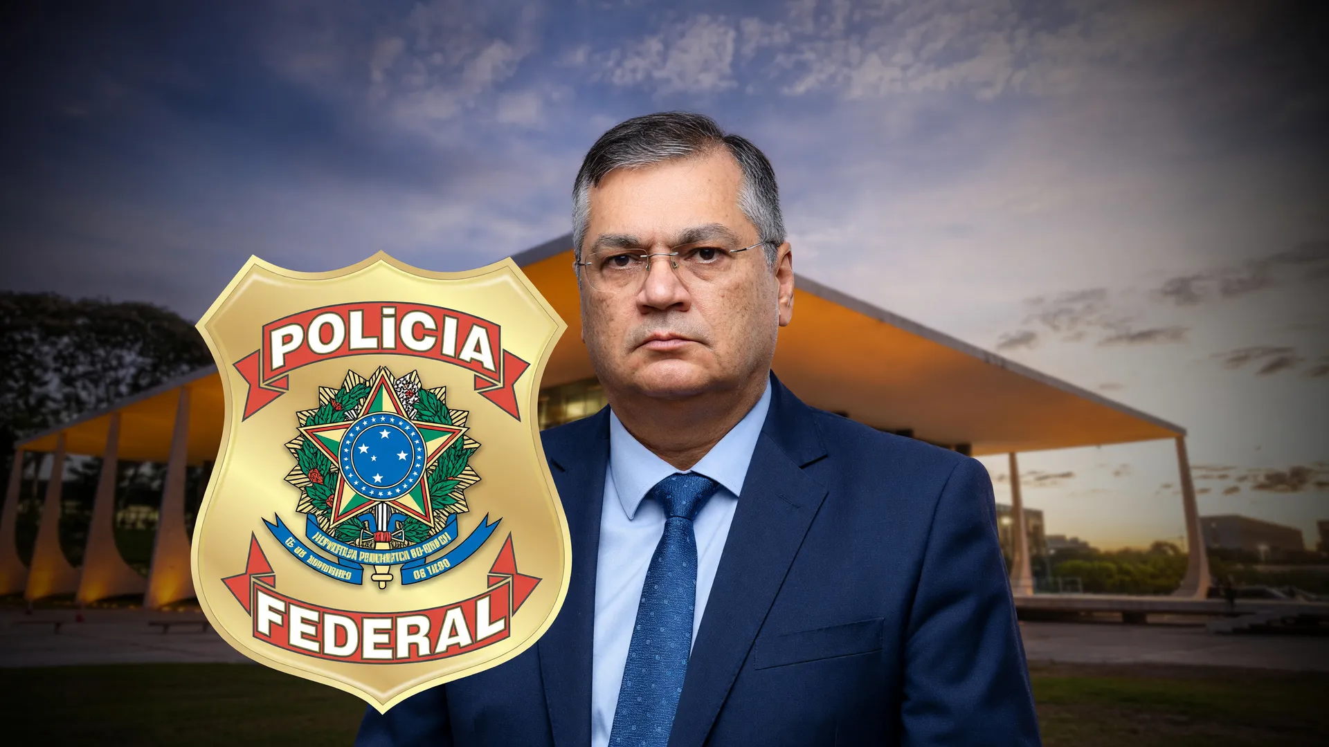 Ministro Flávio Dino e brasão da Polícia Federal na operação PF emendas parlamentares