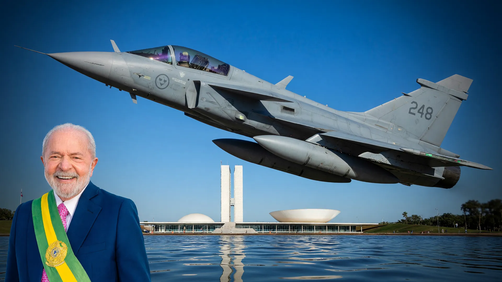 Caça Gripen em voo sobre o Congresso Nacional, simbolizando o orçamento da Defesa em 2027
