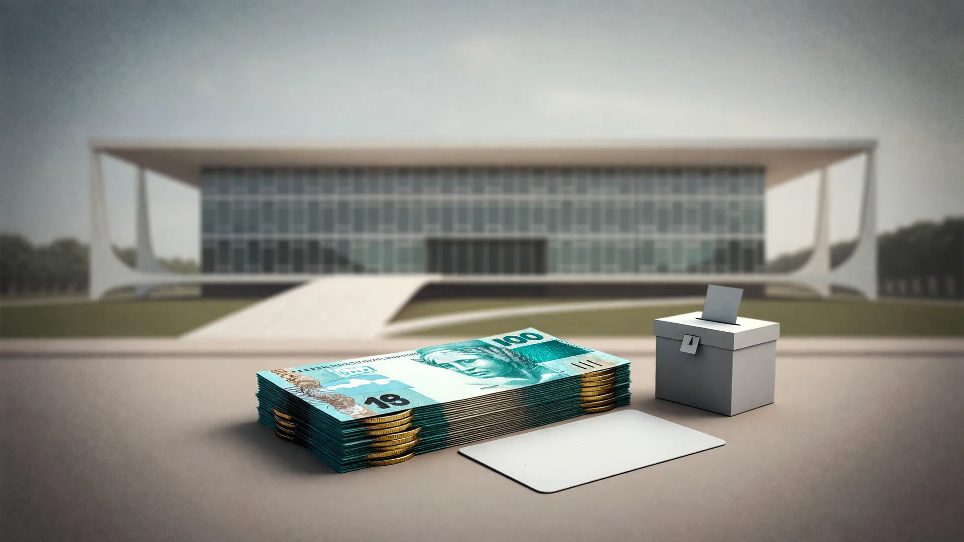 Palácio do Planalto ao fundo, moedas e cédulas simbolizando o pacote social de Lula eleições 2026