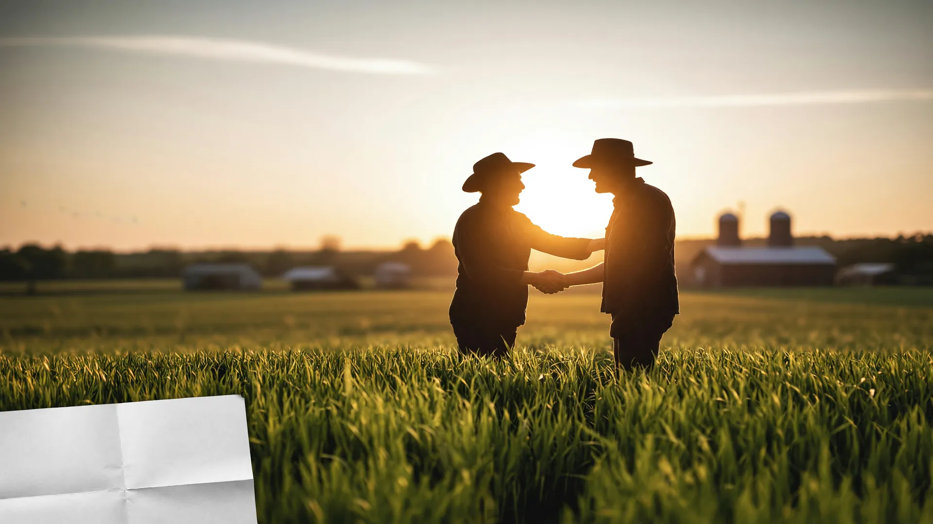 Produtores rurais apertam as mãos ao pôr do sol, simbolizando o pagamento do seguro rural em dia