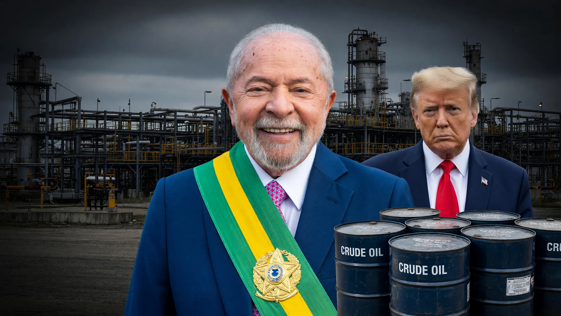 Lula defende petróleo Margem Equatorial pré-sal enquanto Trump aparece ao fundo, com barris de petróleo em destaque