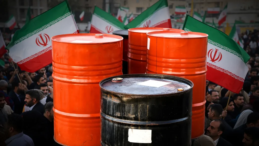 Barris de petróleo em área industrial com bandeiras do Irã ao fundo: petróleo sobe com guerra Irã