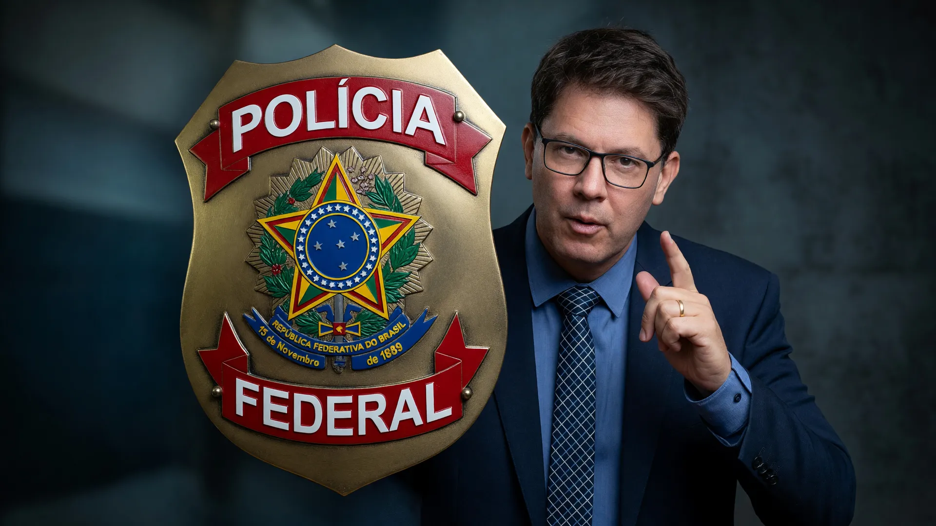 PF investiga emendas Dark Horse: Mario Frias em destaque com brasão da Polícia Federal em cena editorial tensa