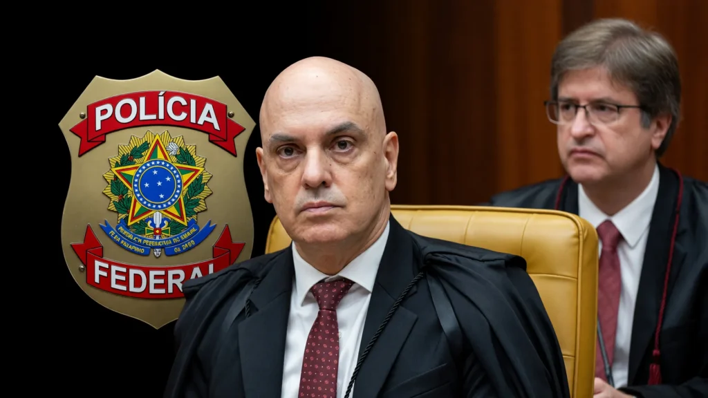PGR apura conduta da PF em caso que envolve Alexandre de Moraes; imagem mostra ministro e emblemas institucionais