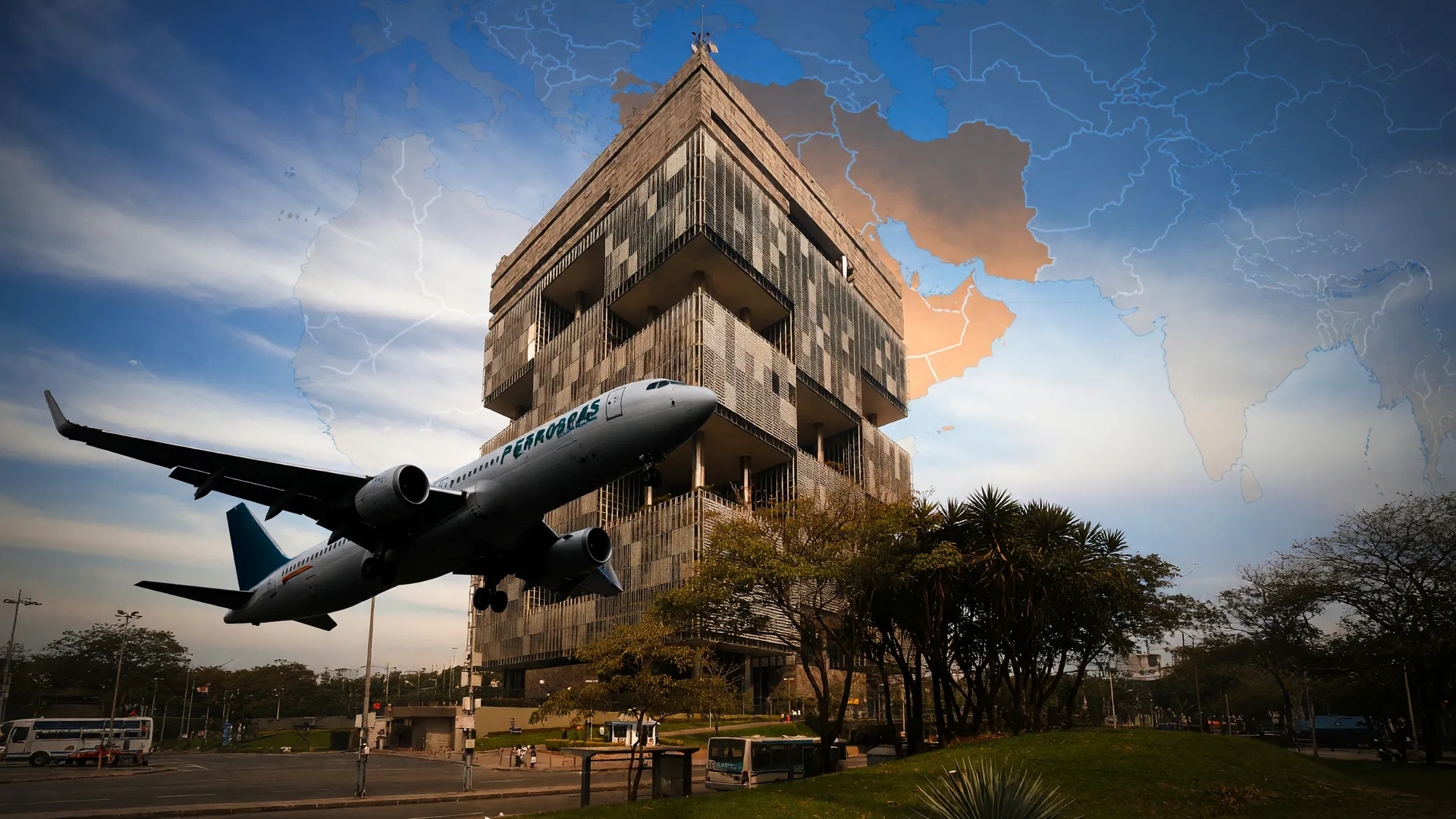 Sede da Petrobras e avião comercial em voo ilustram alta no preço do combustível de avião em setembro