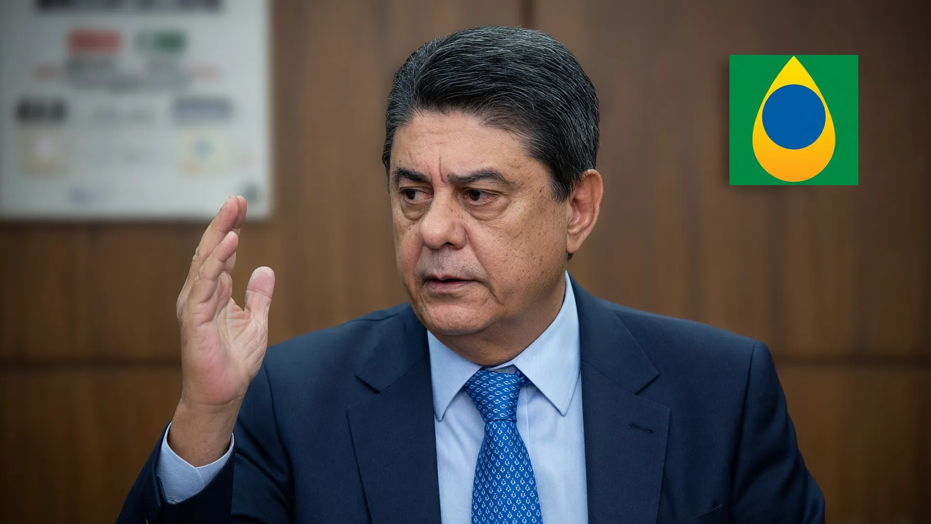 Autoridade da Senacon fala sobre investigação de preços abusivos de combustíveis, com selo da ANP ao fundo