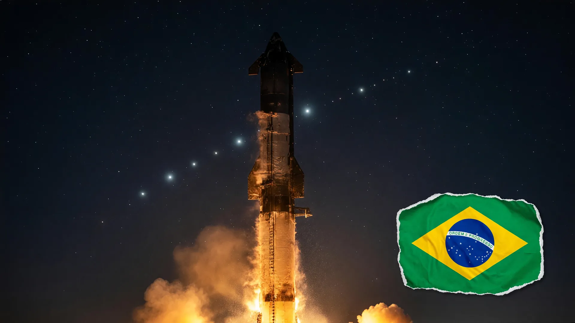 Starship da SpaceX decola no primeiro voo orbital da Starship, com satélites Starlink em órbita ao fundo.