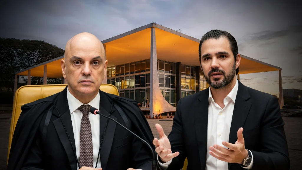 Processo disciplinar do escritório da mulher de Moraes: Alexandre de Moraes e Daniel Vorcaro com fachada do STF