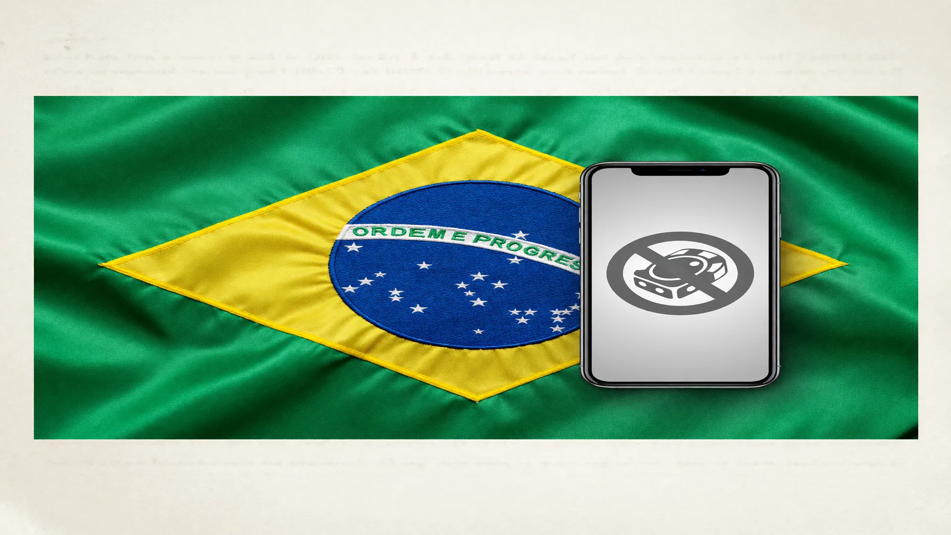 Bandeira do Brasil e smartphone com ícone de aposta bloqueado simbolizam a proibição das bets no Brasil
