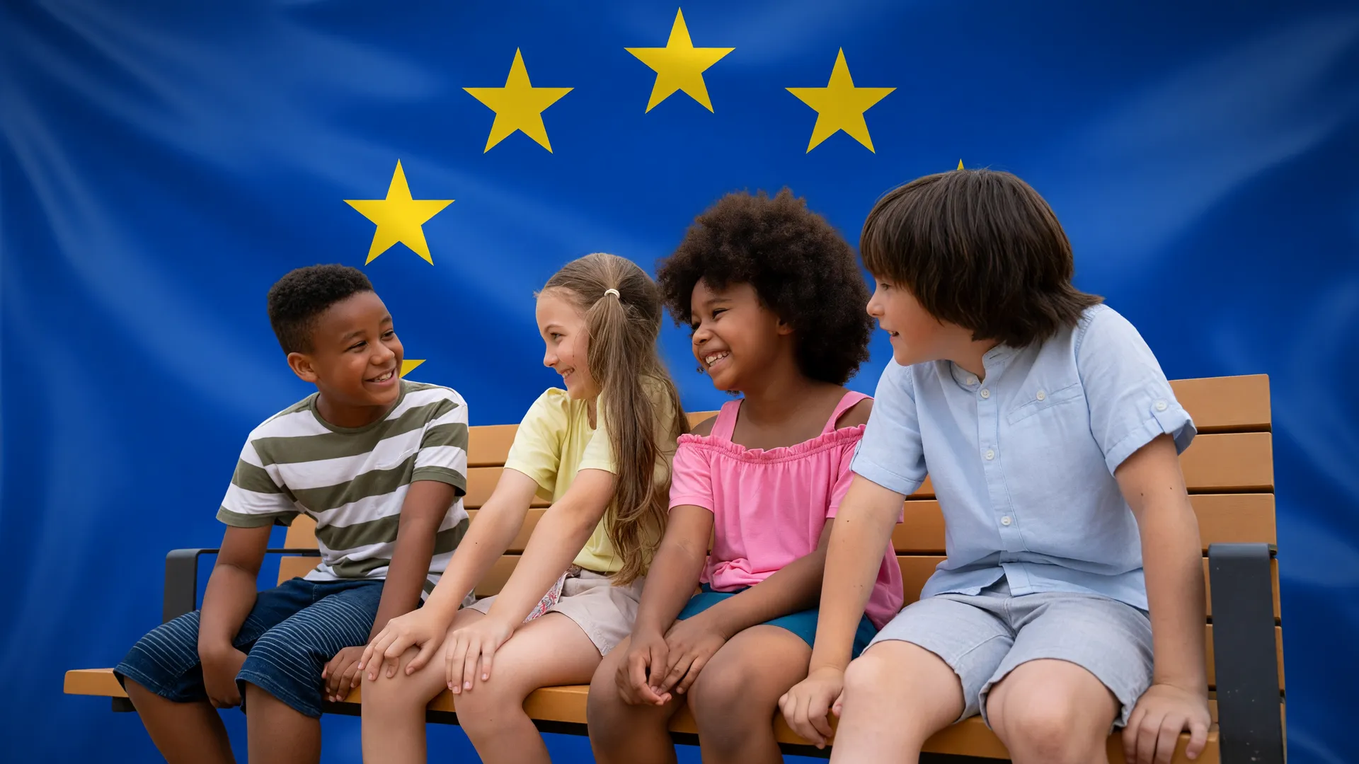 Adolescentes sentados juntos ao ar livre com bandeira da União Europeia ao fundo, alusão à proibição de redes sociais menores