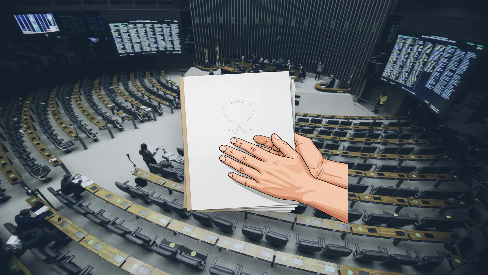 Documento oficial simboliza protocolo atendimento vítimas de estupro, com Câmara dos Deputados ao fundo