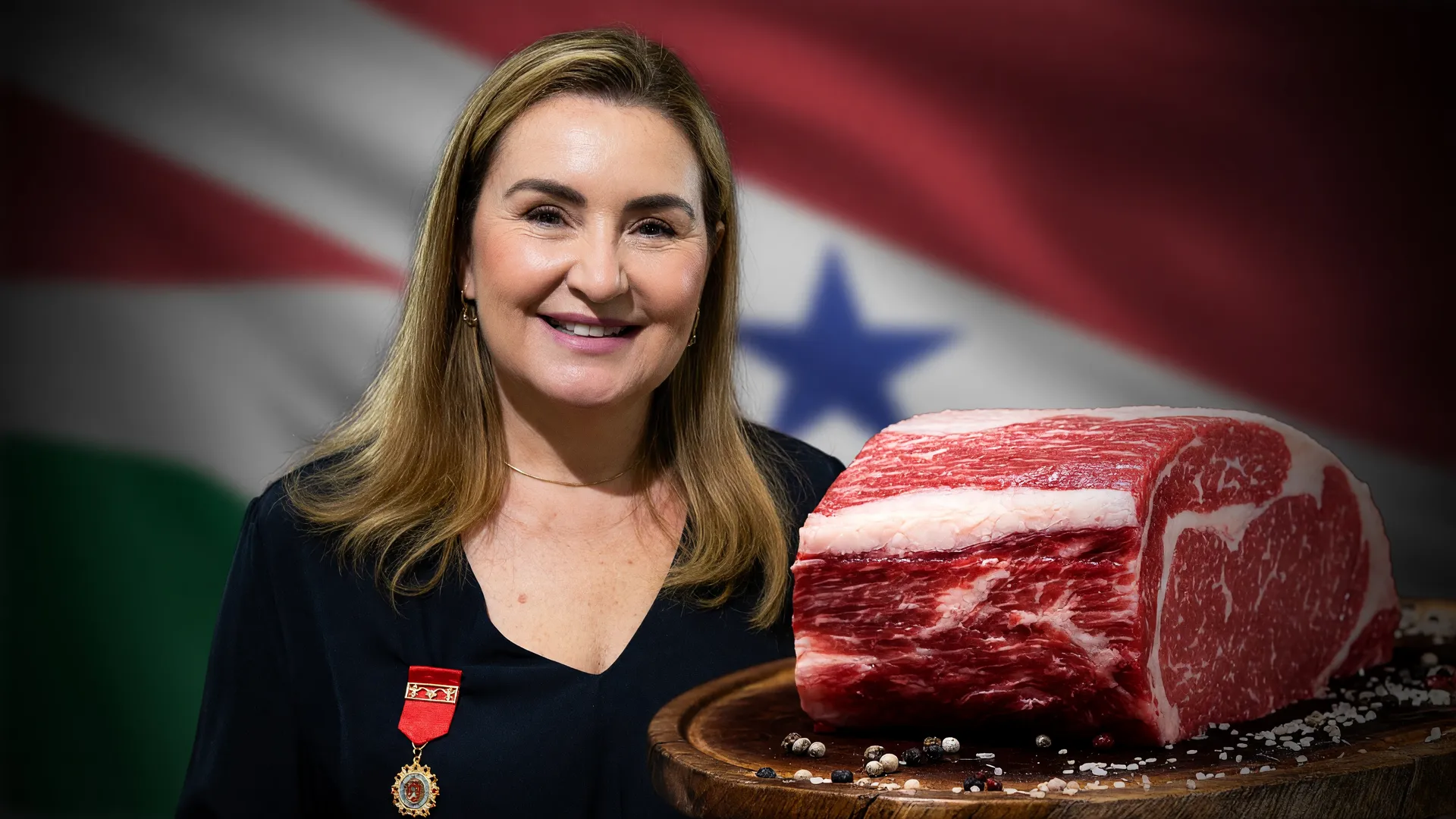 Hana Ghassan ao lado de carne bovina e bandeira do Pará, no debate sobre rastreabilidade bovina no Pará