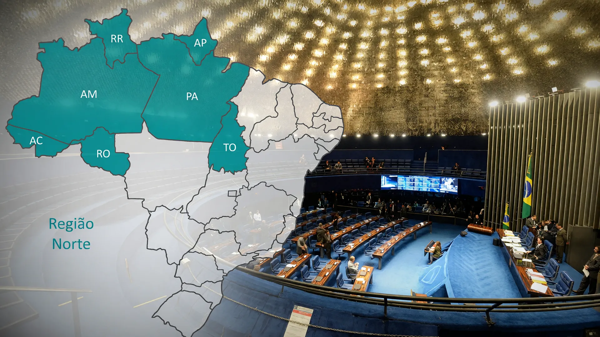 Plenário do Senado Federal, com mapa da Região Norte ao fundo, remete ao novo teto para o reajuste da conta de luz.