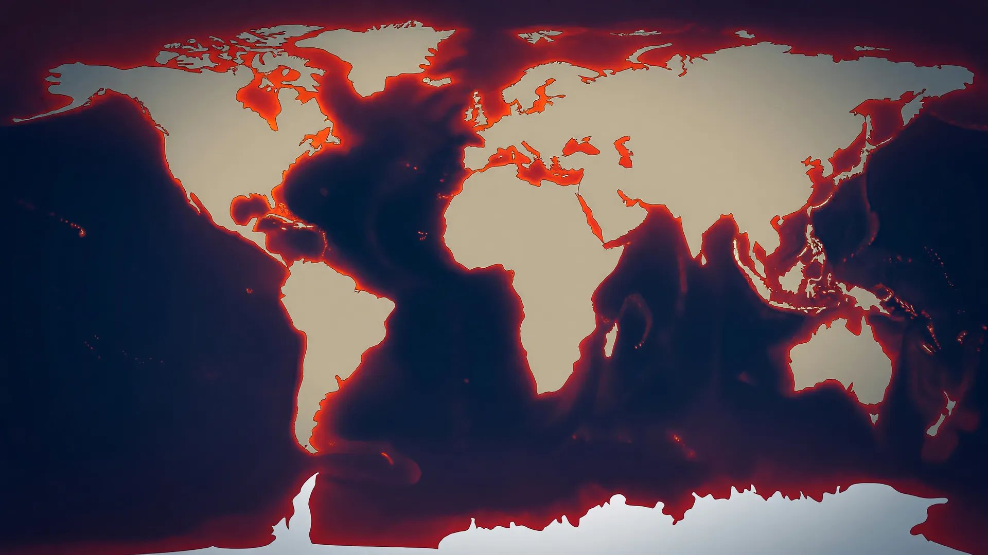 Mapa-múndi dos oceanos com tons avermelhados retratando o recorde de calor nos oceanos e a subida do nível do mar