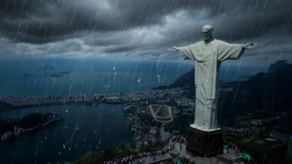 Chuva forte sobre o Rio de Janeiro com o Cristo Redentor ao fundo, ilustrando o recorde de chuva no Rio em setembro