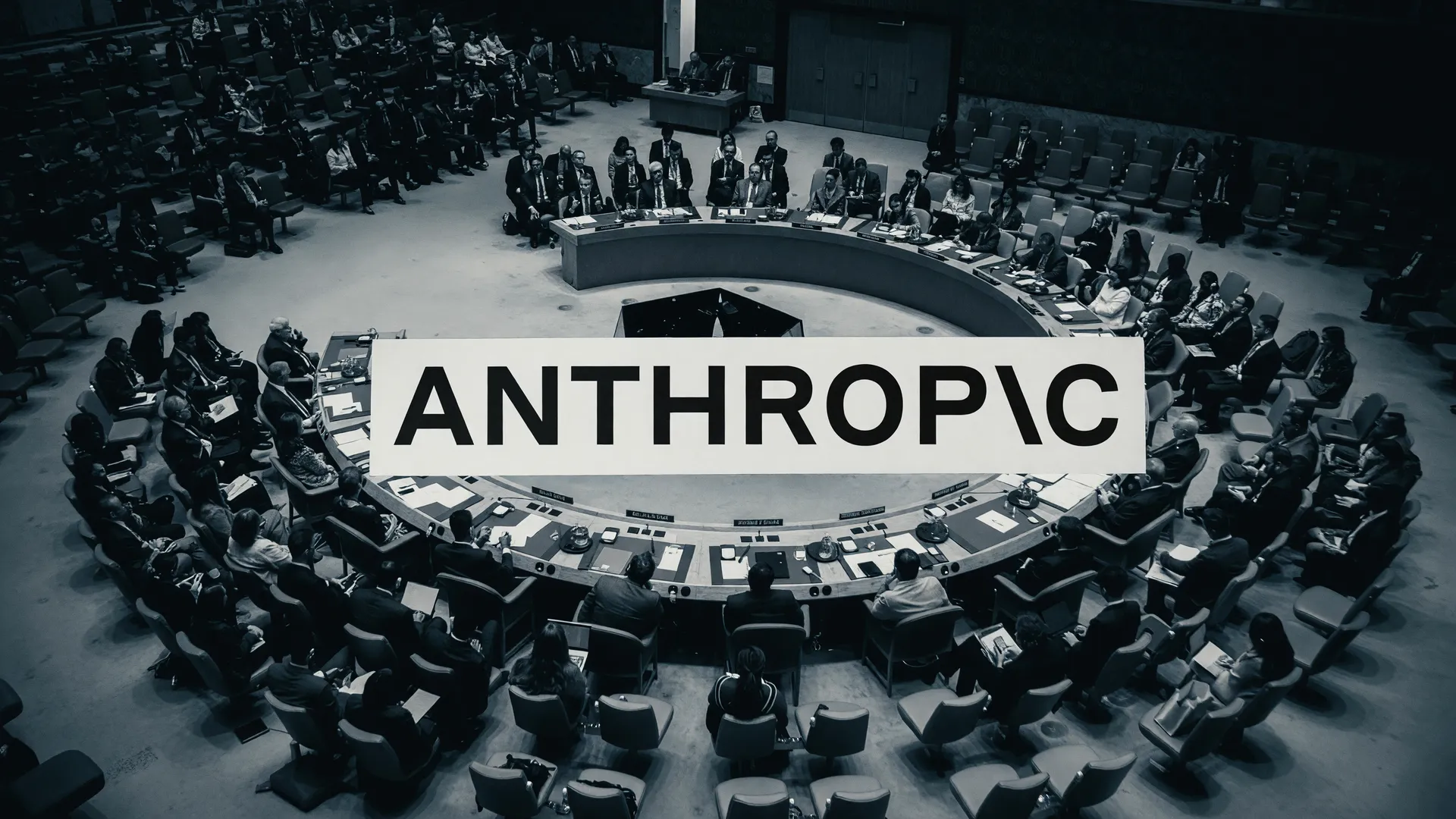 Sala da ONU e logo da Anthropic representam o debate global sobre regulação da inteligência artificial