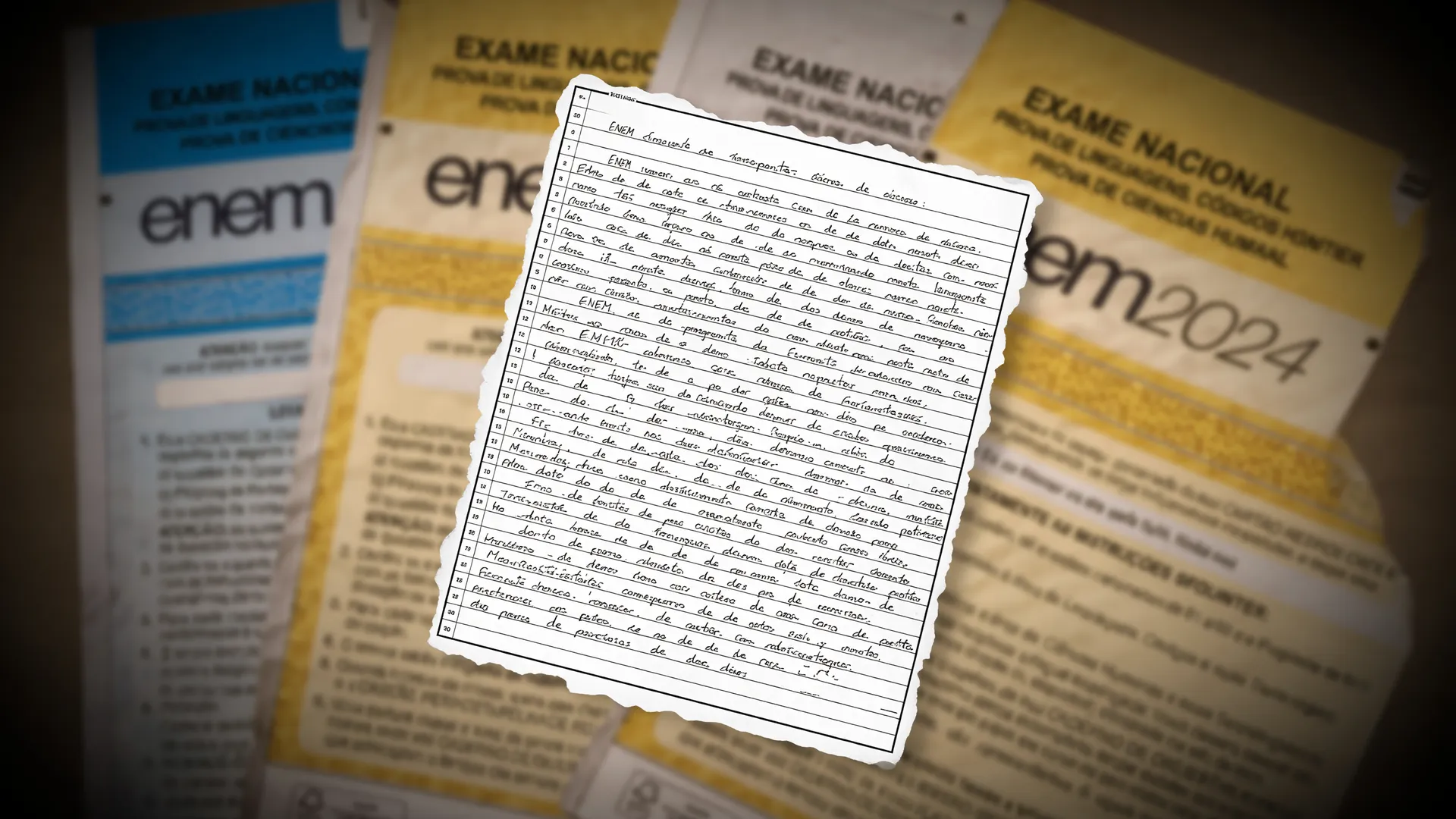 Folha de redação do Enem preenchida à mão, com alerta sobre repertório de bolso Enem 2026 e provas ao fundo