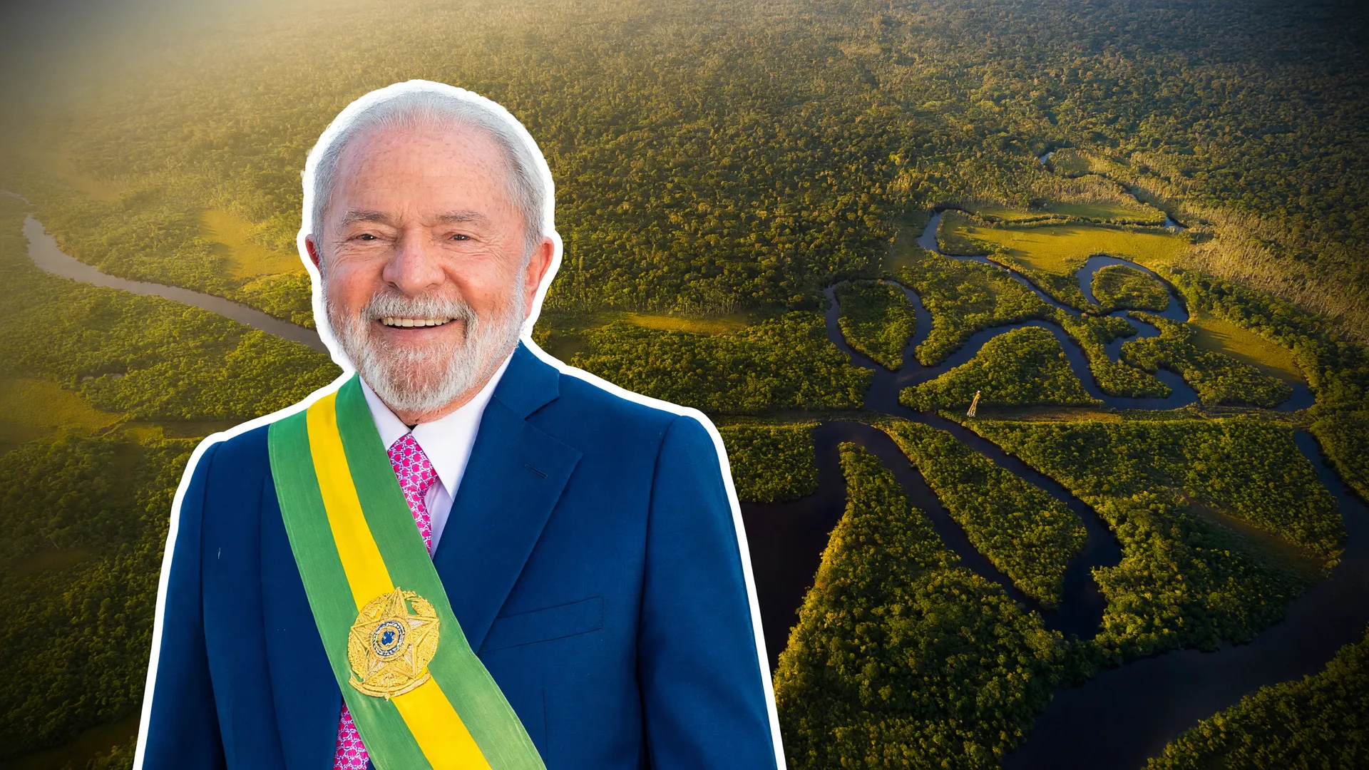 Lula com faixa presidencial e floresta amazônica ao fundo, simbolizando reservas de desenvolvimento sustentável amazonas