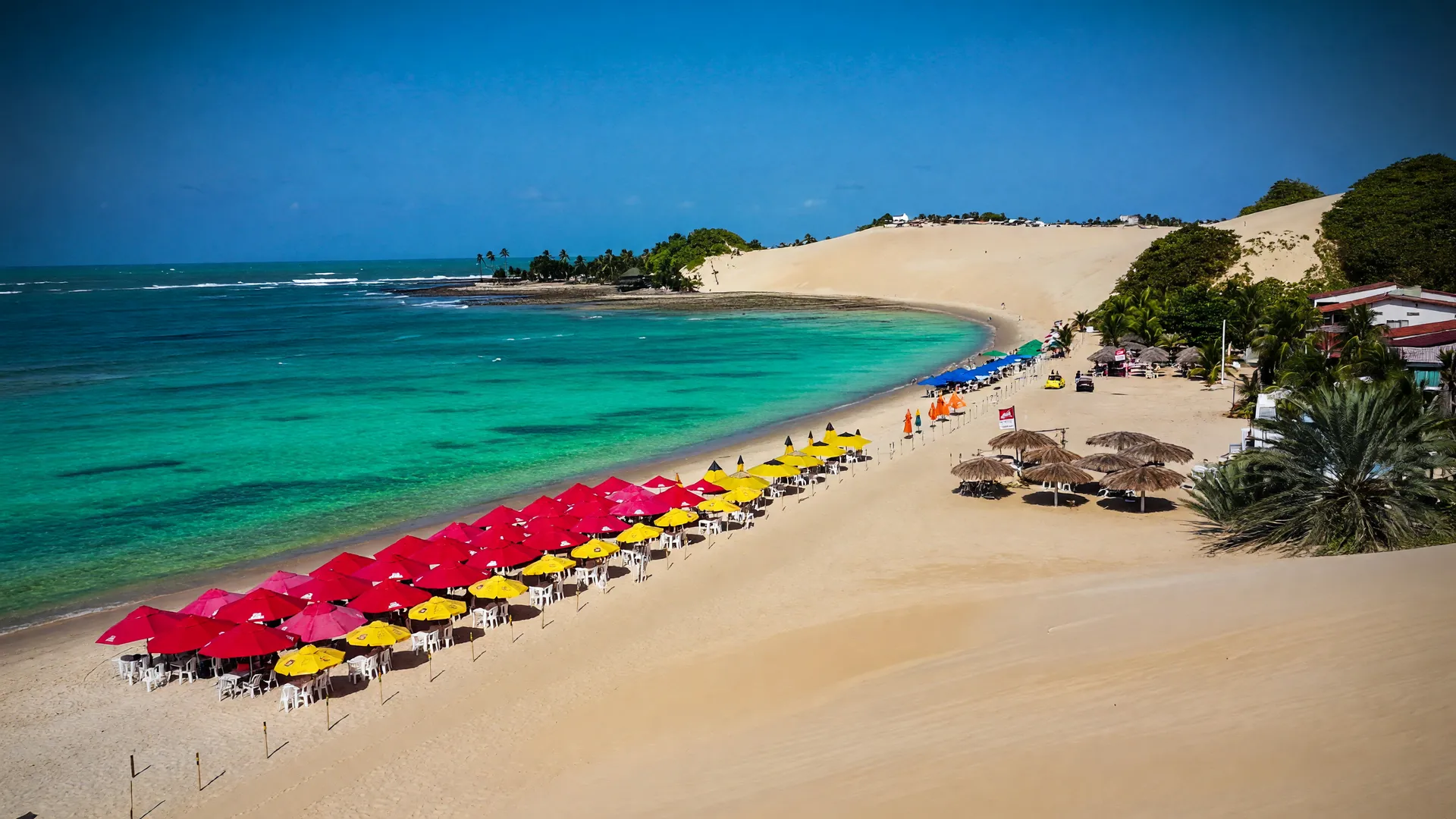 Praia nordestina com falésias douradas e mar turquesa, símbolo da restauração de recifes de coral no Nordeste
