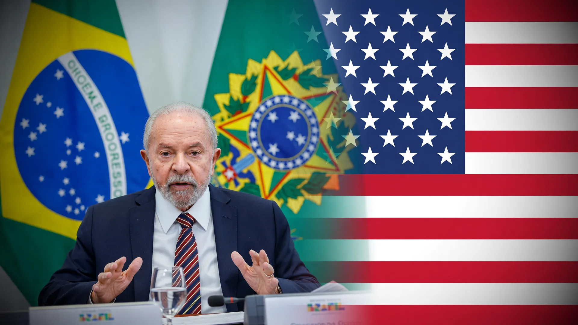 Lula em retrato oficial ao lado da bandeira dos EUA, simbolizando a reunião Brasil EUA sobre tarifaço