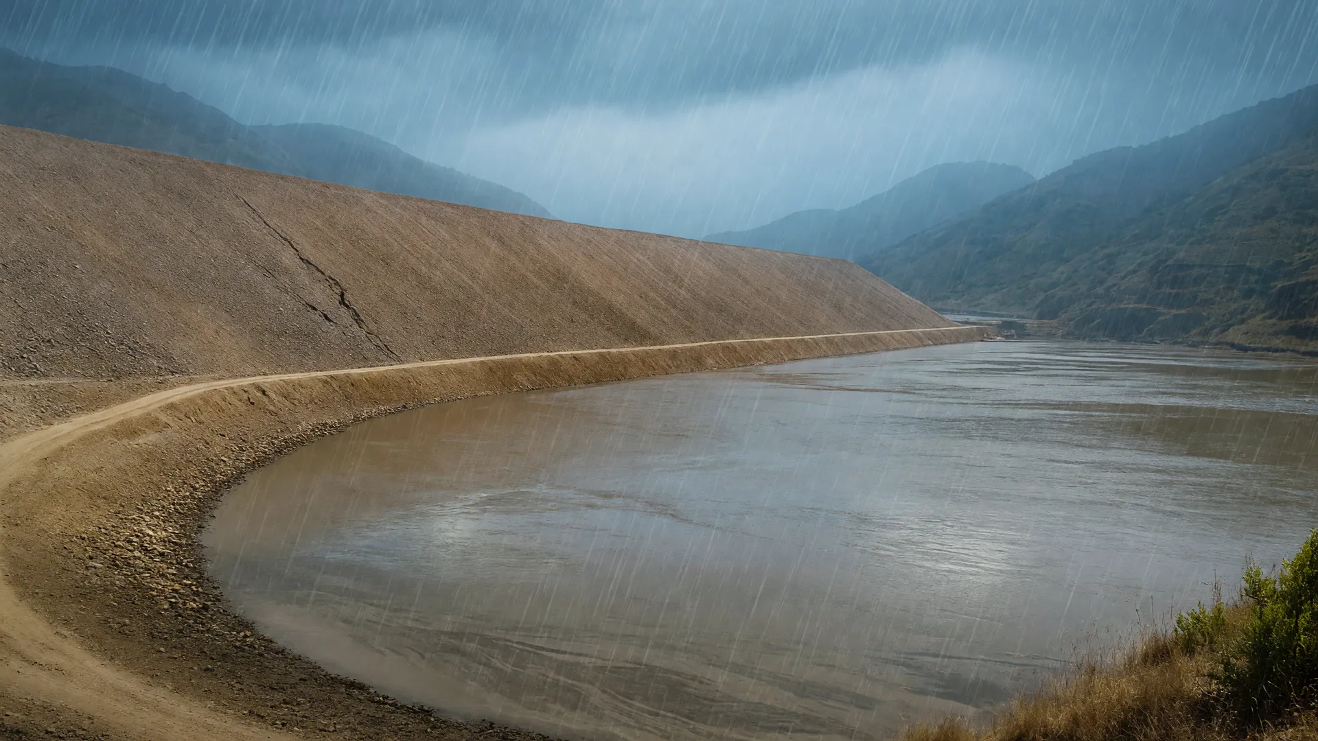Barragem de terra com rachaduras sob chuva forte, ilustrando risco de rompimento barragem RS na Serra gaúcha.