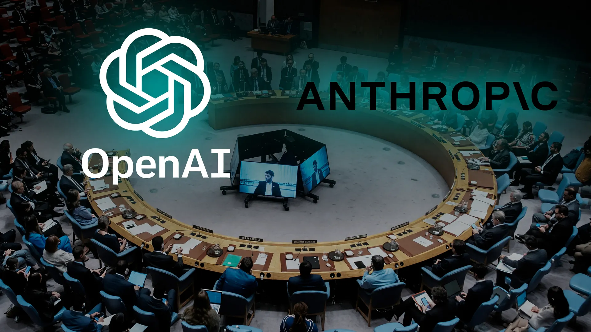Conselho da ONU debate risco existencial da inteligência artificial com logos de OpenAI e Anthropic ao fundo