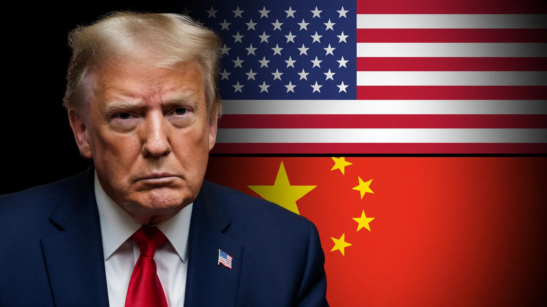 Trump ao lado das bandeiras dos EUA e da China, representando as negociações sobre segurança da IA militar