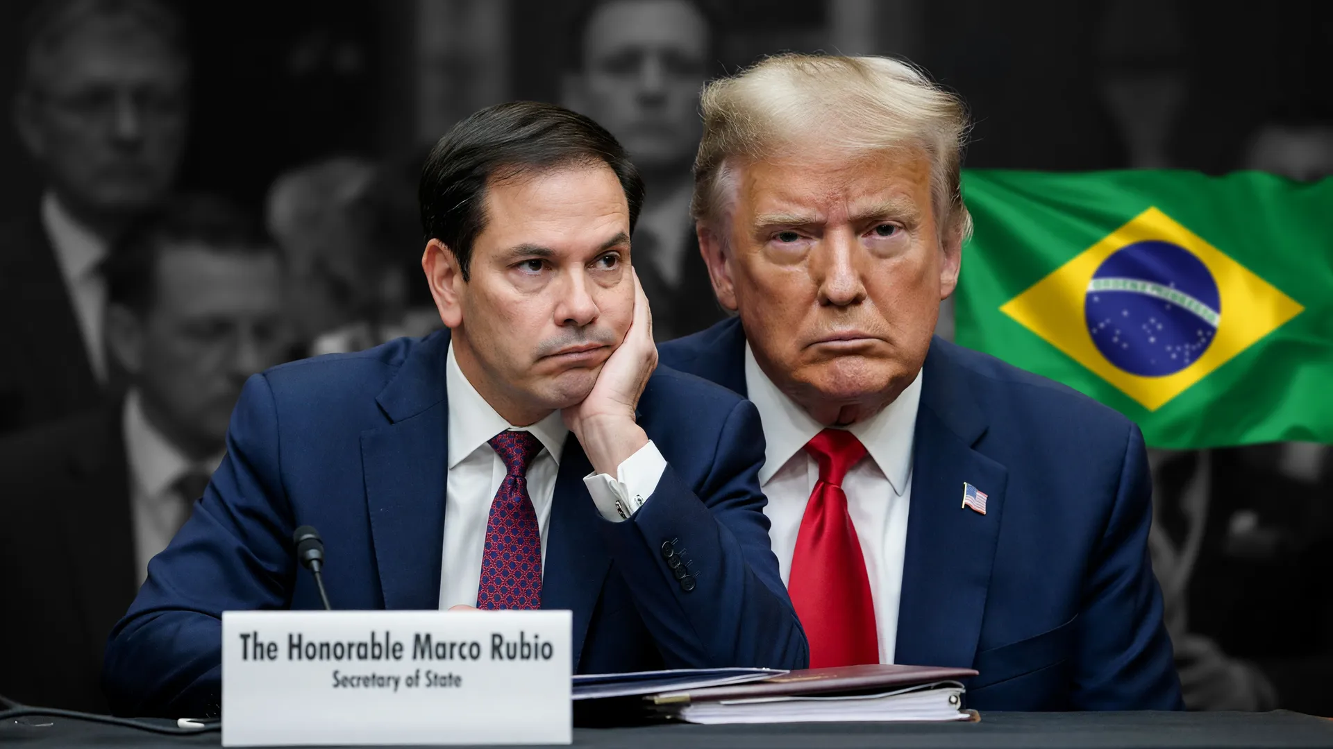 Senadores dos EUA pressionam Rubio sobre a eleição no Brasil, com Trump ao fundo e a bandeira brasileira
