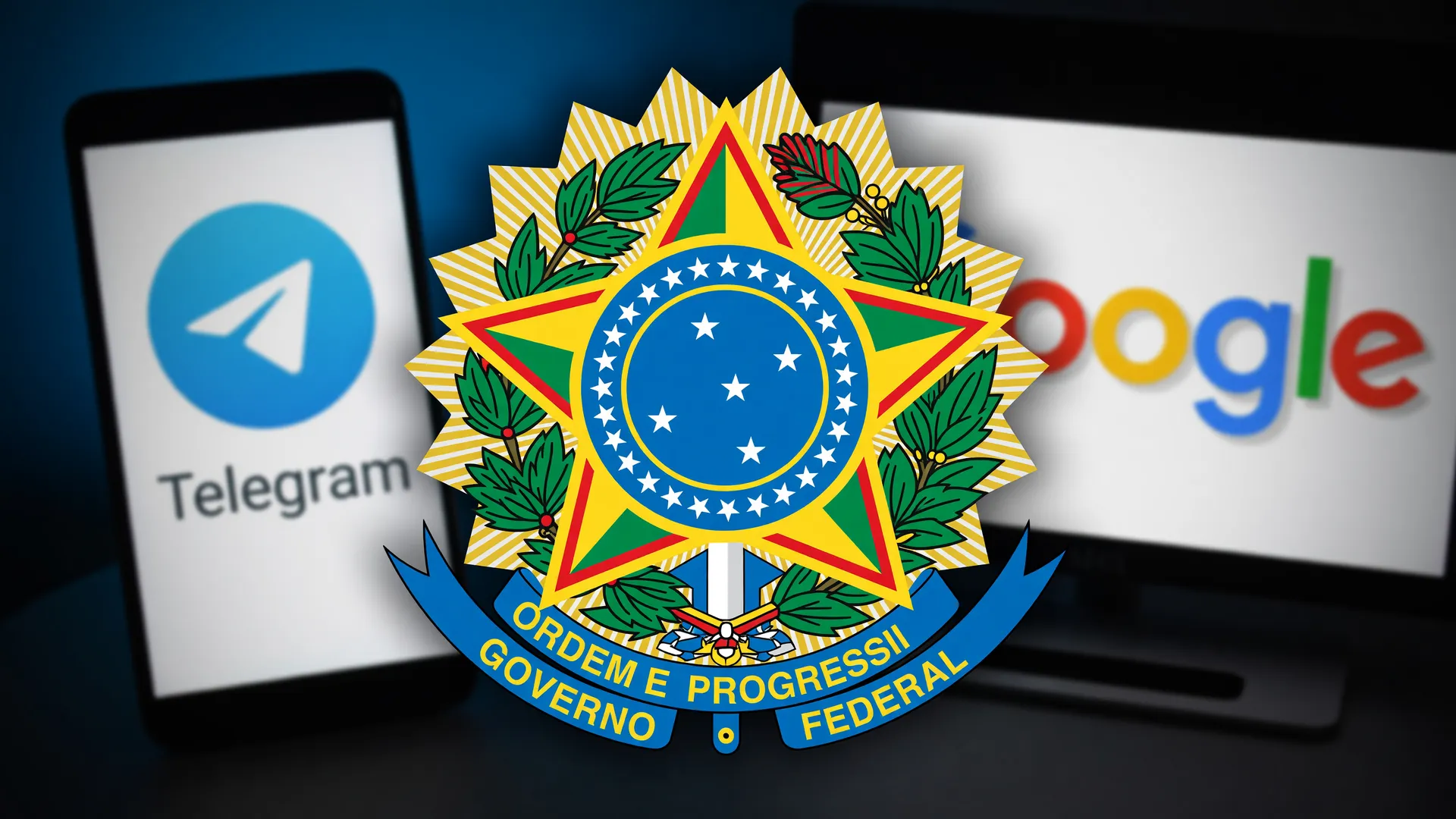 Emblema do Governo Federal se destaca sobre ícones do Telegram e Google, símbolo do combate a sites de apostas ilegais.