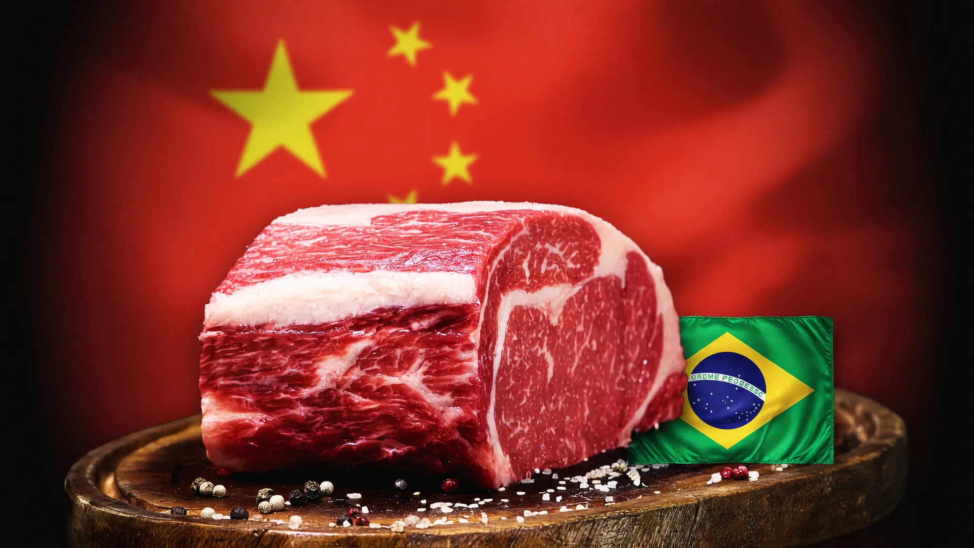Corte de carne bovina brasileira em destaque com a bandeira da China ao fundo, representando a sobretaxa carne bovina China.