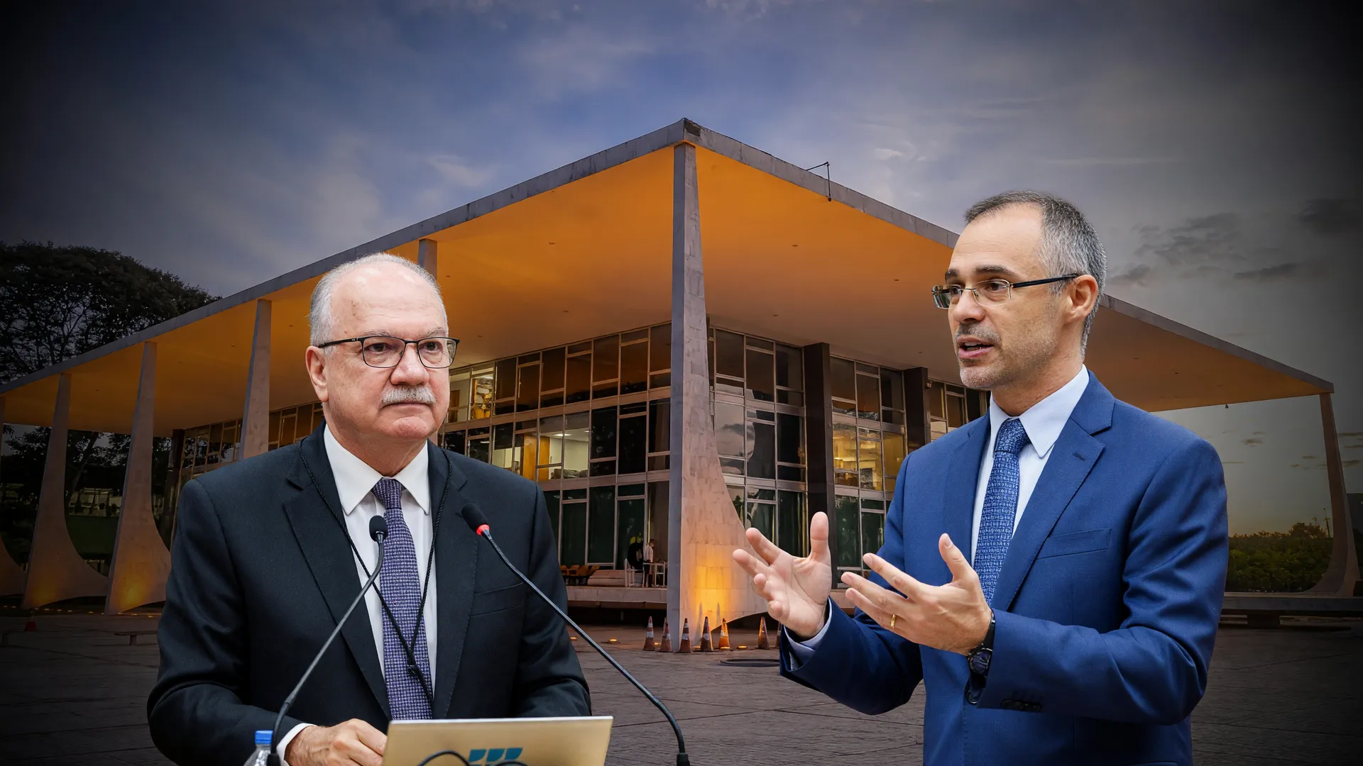 STF em iluminação crepuscular com ministros Fachin e Mendonça, no dia em que o STF cancela sessão do plenário
