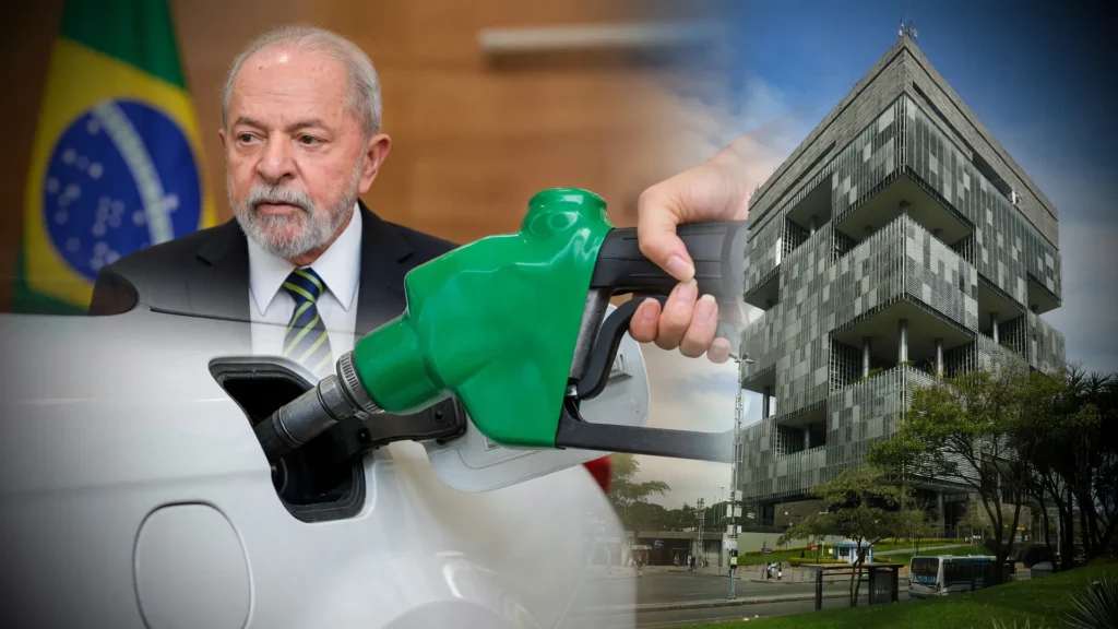 Abastecimento em posto com Lula e Petrobras ao fundo, ilustrando o subsídio do governo no diesel