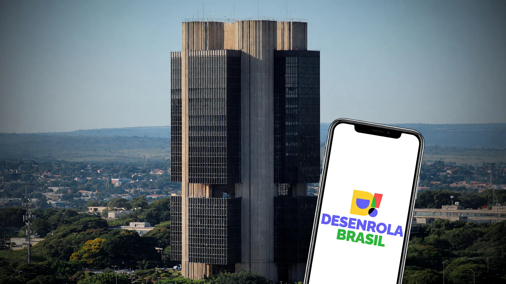 Torre do Banco Central e app do Desenrola simbolizam a taxa de inadimplência bancária recorde no Brasil