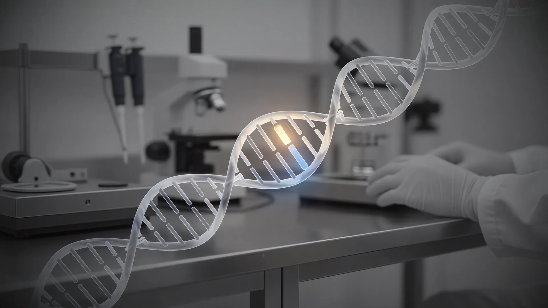 Terapia epigenética para doenças raras: DNA com interruptor luminoso simboliza gene sendo silenciado em laboratório