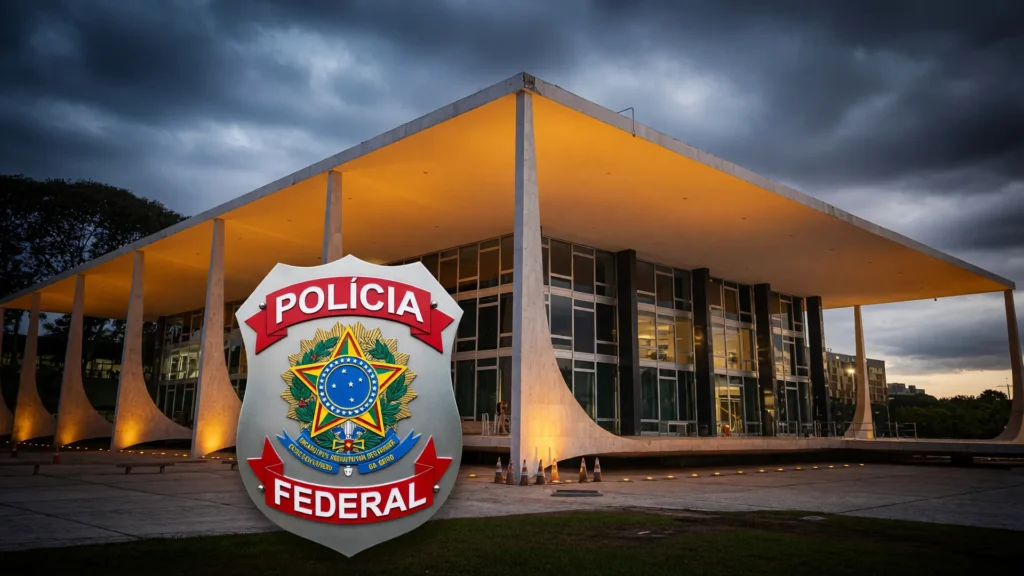 STF ao entardecer e emblema da PF em investigação sobre tesoureiro do Instituto Conhecer Brasil