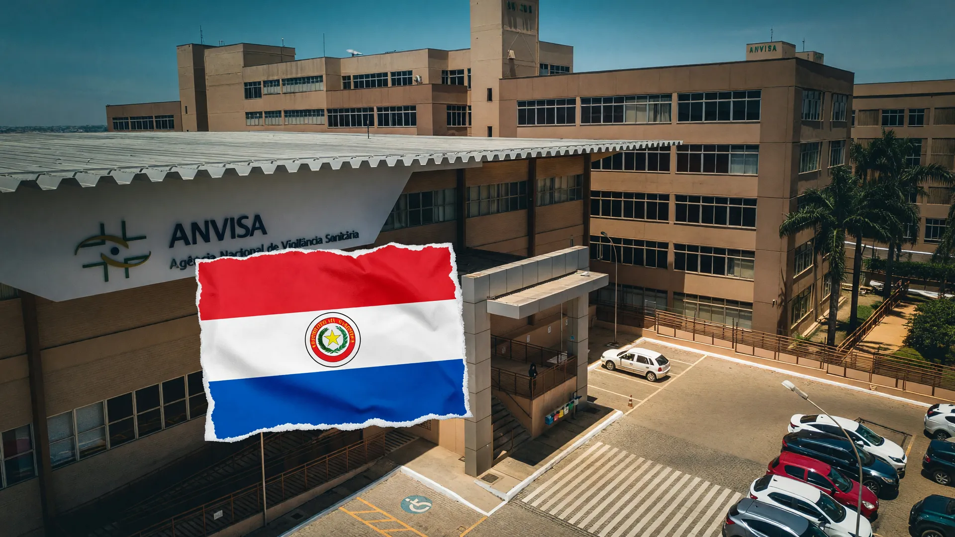 Sede da Anvisa em Brasília com bandeira do Paraguai, representando a proibição de tirzepatida paraguaia sem registro