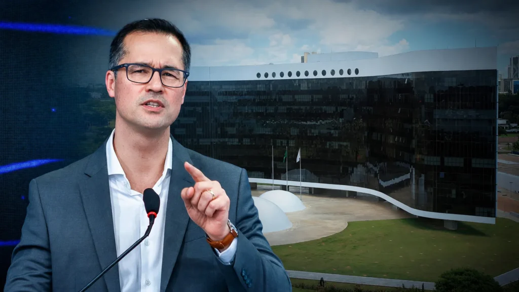 TSE suspende campanha Dallagnol Paraná: Deltan ao microfone e fachada do tribunal eleitoral ao fundo
