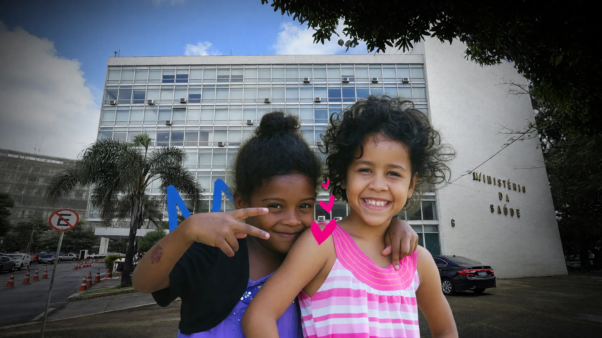Ministério da Saúde em Brasília e crianças, alusão à vacina HPV para crianças vítimas de abuso sexual no SUS