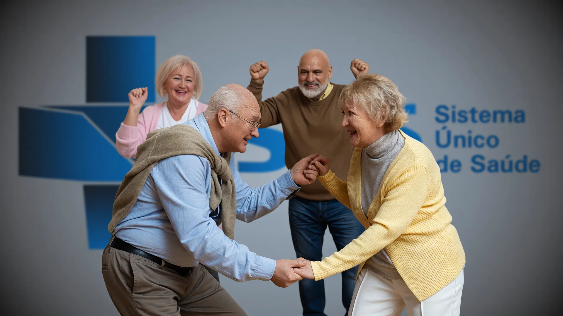 Idosos sorridentes com símbolo do SUS representando a ampliação da vacina pneumocócica para idosos no Brasil