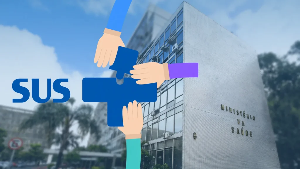 Vacinação de gestantes no SUS representada pelo símbolo do sistema de saúde e sede do Ministério da Saúde em Brasília.