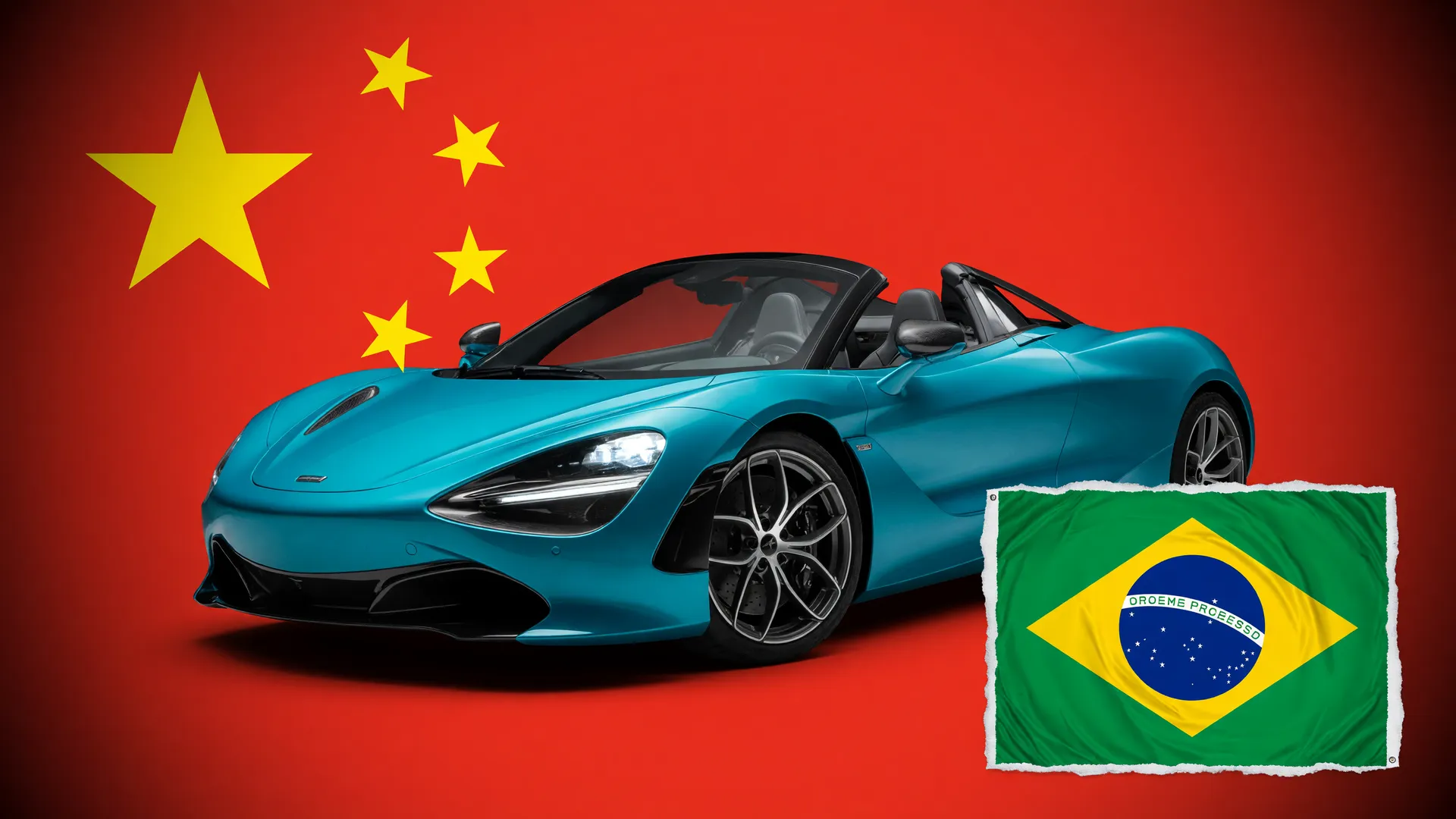 Carro em destaque sobre bandeira da China com bandeira do Brasil ao fundo, representando veículos importados da China