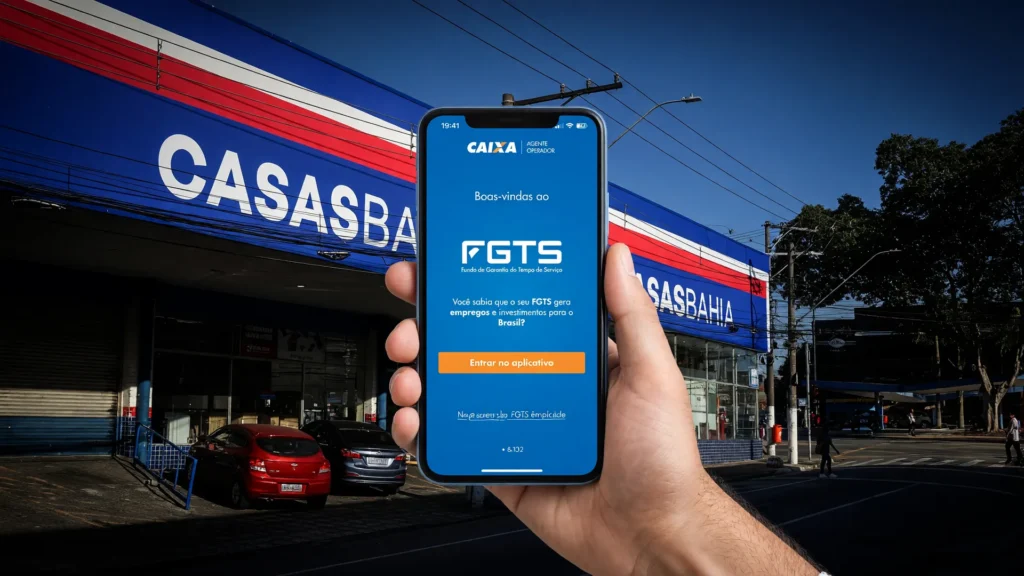 Mão com app FGTS e fachada da Casas Bahia: verbas rescisórias demitidos Casas Bahia sem pagamento
