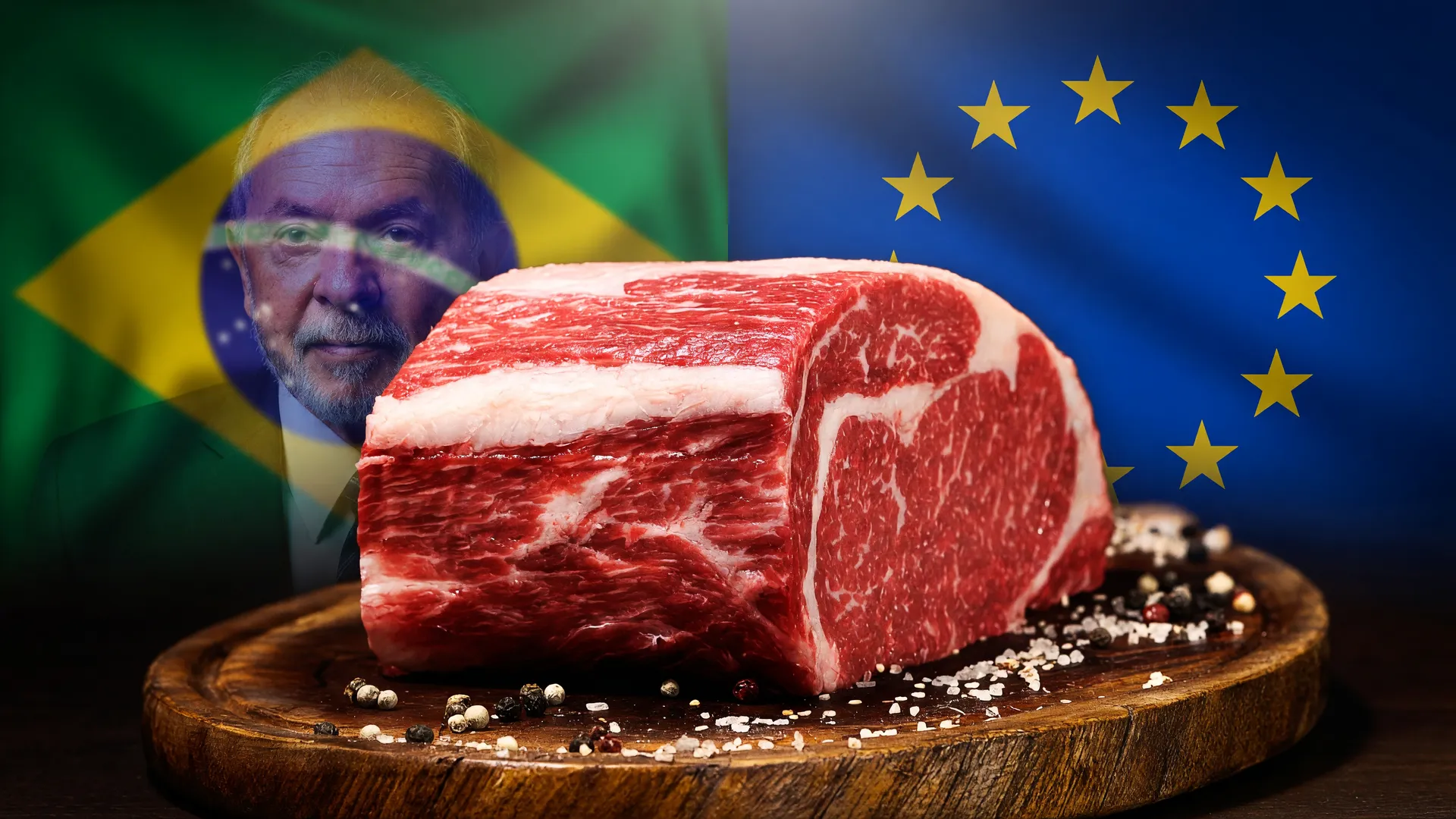 Carne bovina entre Lula e bandeira da UE, representando o veto da UE à carne brasileira e a ameaça de retaliação