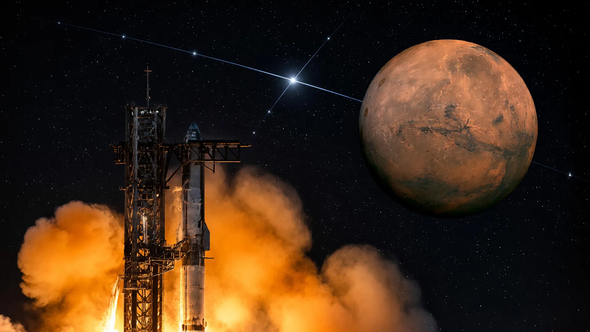 Starship da SpaceX em voo orbital da Starship rumo à Lua e Marte, com satélites Starlink no céu