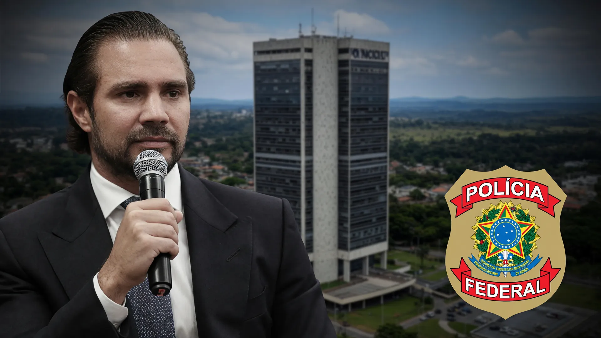Montagem editorial com Daniel Vorcaro, distintivo da PF e sede do Banco Central no caso vorcaro agrado diretor bc