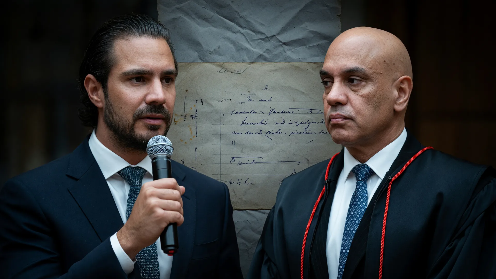 Confronto editorial entre Daniel Vorcaro e Alexandre de Moraes, evocando Vorcaro mensagens Moraes antes prisão